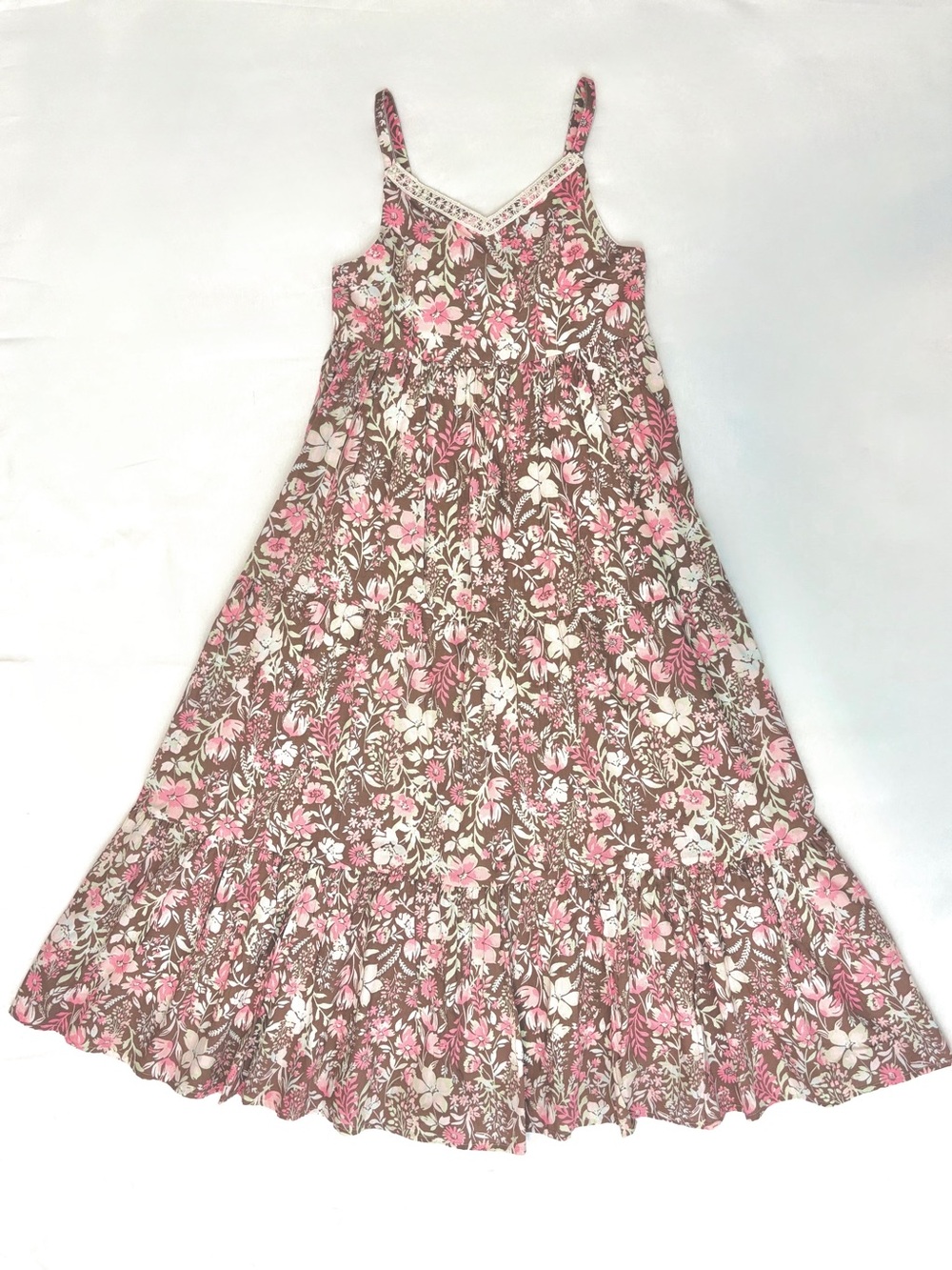 Rachel Zoe Girls Floral Maxi Dress Brown Pink Tiered Lace Trim Size 10